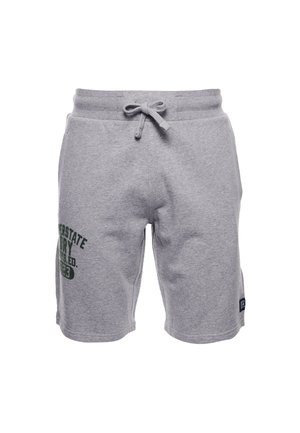 Pantaloncini in cotone grigio chiaro con vita con coulisse e testo stampato verde scuro sulla coscia sinistra.