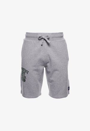 Pantaloncini in cotone grigio chiaro con vita con coulisse e testo stampato verde scuro sulla coscia sinistra.