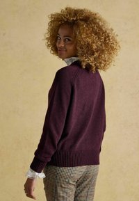 Bordeauxfarbener Pullover mit geripptem Saum und Ärmeln, aus weichem Material. Über einem weißen Kragenshirt getragen und mit karierten Hosen kombiniert.