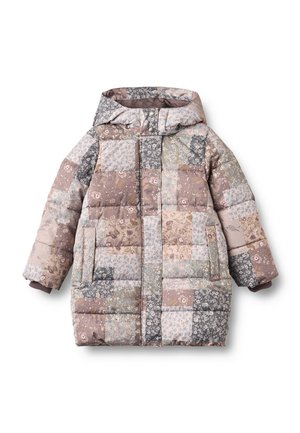 Manteau d’hiver long matelassé à capuche avec un design patchwork dans des motifs floraux rose pâle, gris et beige et des poches avant.