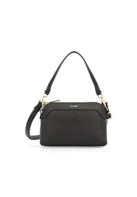 Schwarze Leder-Handtasche mit strukturierter Form, ausgestattet mit einem oberen Griff und einem abnehmbaren Schulterriemen. Akzente aus goldenem Metall. Glatte Textur.