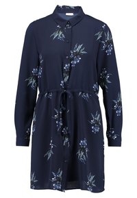 Abito chemisier floreale blu navy con maniche lunghe, colletto, chiusura con bottoni, cintura regolabile e motivo floreale verde e bianco.