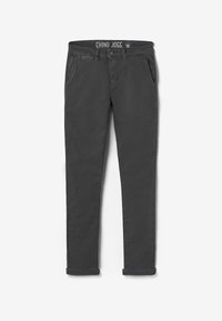 Pantaloni jogger grigi in chino, realizzati in tessuto morbido, con chiusura a bottone, passanti per cintura e orli arrotolati per un fit casual.