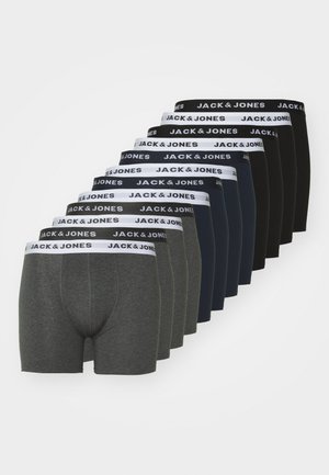 Set of ten pairs of men's boxer briefs in varying shades: dark gray, navy, black, featuring white elastic waistbands with "JACK & JONES" logo.