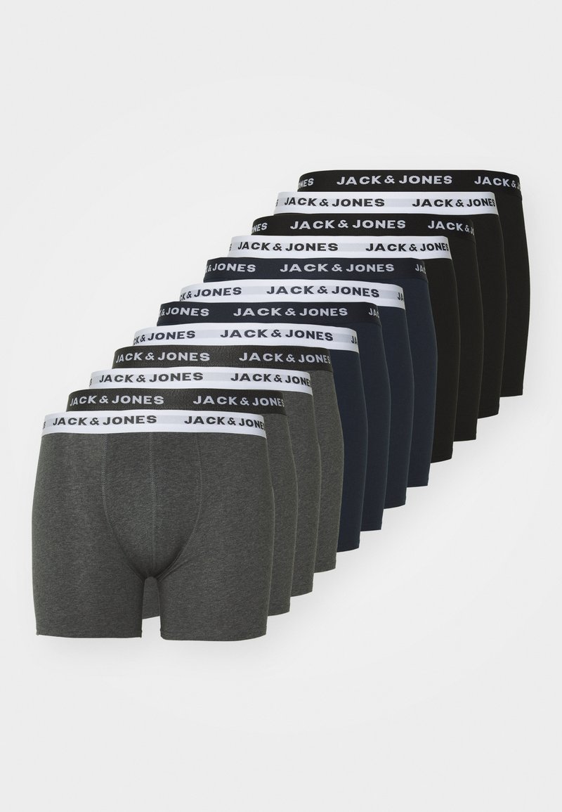 Set von zehn Paar Herren-Boxershorts in unterschiedlichen Farbtönen: Dunkelgrau, Marineblau, Schwarz, mit weißen elastischen Bündchen, die das Logo "JACK & JONES" tragen.
