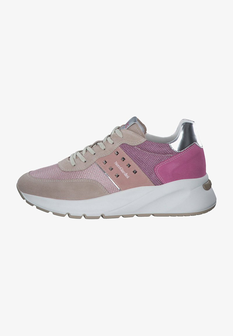 Athletic sneakers featuring a mix of pink suede and mesh materials, metallic accents, and a white midsole with a textured outsole.