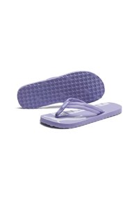 Infradito viola con suola testurizzata, dotate di cinturini piatti e un plantare liscio. Il design presenta un marchio bianco sulla soletta.