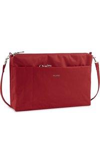 Rote Handtasche aus Nylon mit einem Reißverschluss oben, ausgestattet mit einer vorderen Tasche und einem abnehmbaren Schulterriemen. Logo "PICARD" auf der Vorderseite. Glatte Textur.