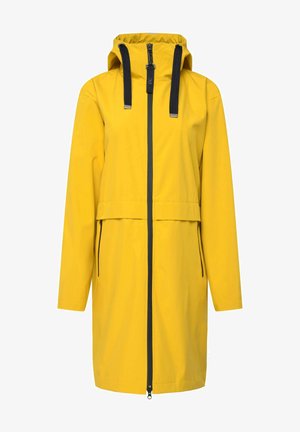 Żółta wodoodporna kurtka z zamkiem z przodu, elastycznym kapturem i czarnymi akcentami. Posiada boczne kieszenie na zamek i długie rękawy.
