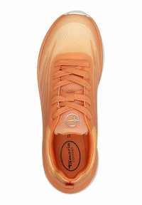 Orange athletic shoe with a mesh upper, rounded toe, and textured design. Features woven laces and a cushioned inner sole.