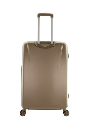 Hartschalenkoffer in metallic Beige, ausgestattet mit einem ausziehbaren Griff, vier Rädern und einer glatten, strukturierten Oberfläche.