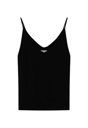 Sort ærmeløs tanktop med tynde stropper og V-udskæring på hvid baggrund.