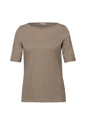Taupe kortærmet T-shirt til kvinder med rund hals, tætsiddende silhuet og et Street One-mærke indeni kraven.