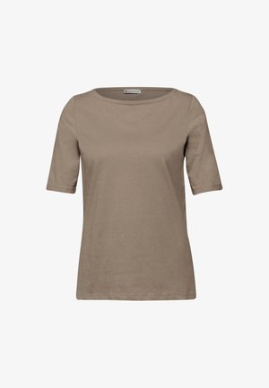 Taupe kortærmet T-shirt til kvinder med rund hals, tætsiddende silhuet og et Street One-mærke indeni kraven.
