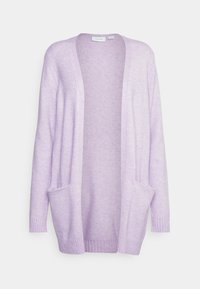 Ljuslila stickad kofta med öppen framsida, långa ärmar, ribbade ärmslut och nederkant, med två framfickor. Mjuk textur.