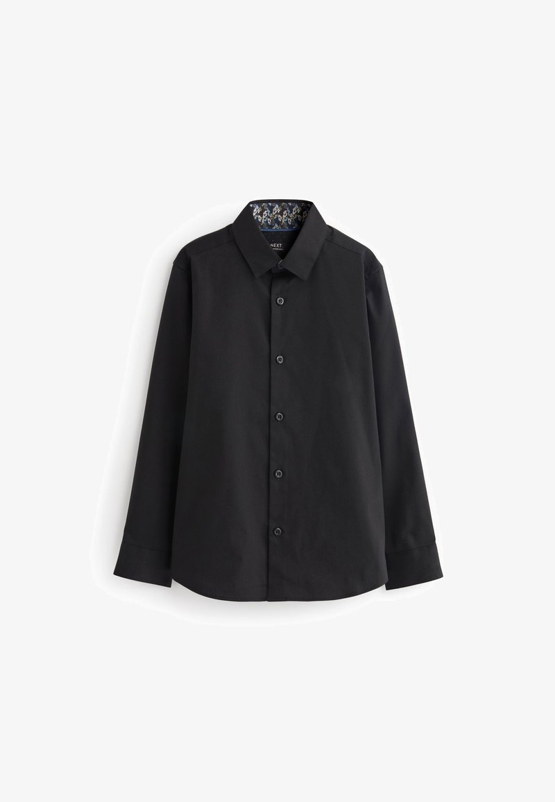Chemise noire à manches longues avec boutons et col, présentée à plat avec un motif floral à l’intérieur du col.