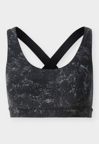Μαύρο αθλητικό σουτιέν με γκρίζο μαρμάρινο μοτίβο, σταυρωτούς ιμάντες στους ώμους και μικρό λογότυπο της Puma στην αριστερή πλευρά.