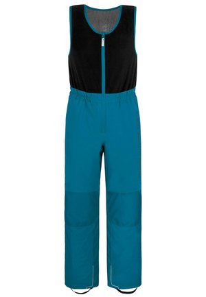 Türkise wasserdichte Latzhose mit einem schwarzen Mesh-Top, Frontreißverschluss, elastischem Bund und reflektierenden Akzenten. Verfügt über verstärkte Kniepolster.