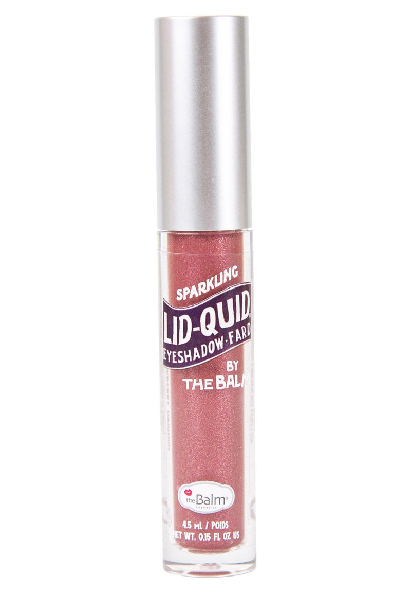 Funkelnder rosenroter flüssiger Lidschatten in einem klaren Röhrchen mit einem silbernen Deckel, beschriftet mit "LID-QUID" von The Balm, mit einem Volumen von 4,5 mL.