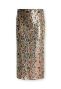 Knælang pencilnederdel dækket af flerfarvede palietter, der skaber et skinnende, abstrakt blomsteragtigt mønster.