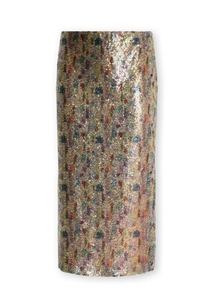 Falda lápiz hasta la rodilla cubierta de lentejuelas multicolores que crean un patrón floral abstracto y brillante.