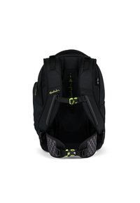 Black backpack with adjustable padded straps, mesh back panel, green accents, and checkered belt. Suitable for carrying various items.