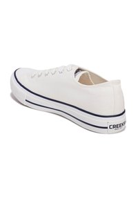 Weiße Canvas-Sneaker mit runder Spitze, blauer Mittelsohlenstreifen und weißer Sohle. Verfügt über fünf Ösen und ein Logo an der Ferse.