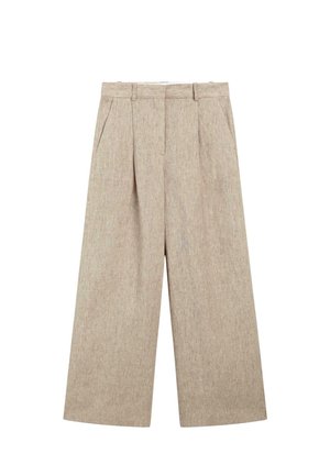 Beige wide-leg pants with belt loops, pleats at the front, side pockets, and a concealed front closure.