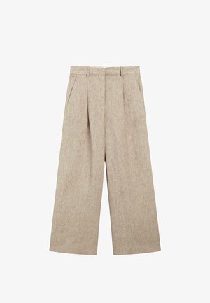 Beige wide-leg pants with belt loops, pleats at the front, side pockets, and a concealed front closure.