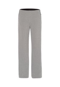 Zwart-witte, gepatternde broek met wijde pijpen, voorzien van een elastische tailleband en kleine geometrische vormen door de stof heen.
