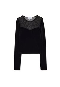Zwarte fluwelen top met lange mouwen en een doorschijnend mesh inzetstuk bij de hals. Kort model met een aangesloten silhouet en een gladde textuur. Geen zichtbare patronen of metalen details.