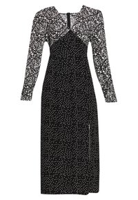 Vestido de manga larga en negro con lunas blancas y un patrón floral. Presenta un diseño envolvente, escote en V y una apertura lateral. La longitud llega hasta la mitad de la pantorrilla.