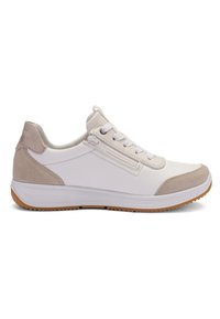 White low-top sneaker with beige suede accents, lace-up front, side zipper, and gum rubber sole, shown in right profile on white background.