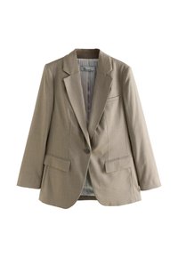 Brown tailored blazer with single button closure, notch lapels, two front pockets, and a striped inner lining. Material has a subtle texture.