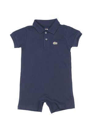 Donkerblauwe babyromper met korte mouwen, kraag, twee knopen en klein groen krokodillenlogo op de linkerborst.
