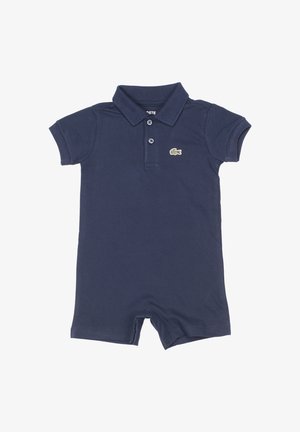 Donkerblauwe babyromper met korte mouwen, kraag, twee knopen en klein groen krokodillenlogo op de linkerborst.
