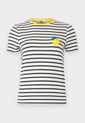 White and black horizontal striped short-sleeve t-shirt with yellow neckline and lemon patch on left chest.