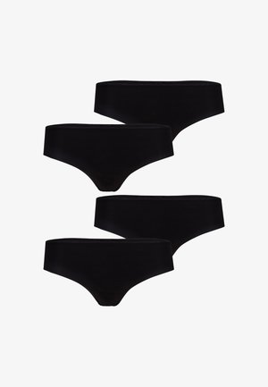 Neljä mustaa saumattomia bikini-leikkauksella varustettua naisten alusvaatetta asetettuna kahteen riviin valkoisella taustalla.