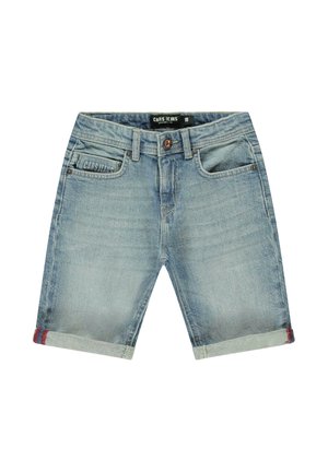 Lichtblauwe denim shorts met opgerolde zoom. Voorzien van twee voorzakken en een knoopsluiting. Merklogo op de tailleband. Soepele textuur.