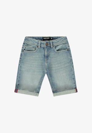 Lichtblauwe denim shorts met opgerolde zoom. Voorzien van twee voorzakken en een knoopsluiting. Merklogo op de tailleband. Soepele textuur.