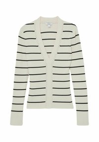Fehér kardigán fekete vízszintes csíkokkal, V-nyakú, bordázott textúrájú és díszített részletekkel a középső elején.