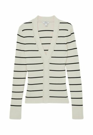 Cardigan bianco con righe orizzontali nere, scollo a V, texture a costine e dettagli decorativi lungo il centro frontale.