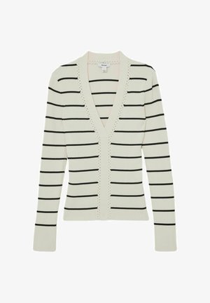 Weißer Cardigan mit schwarzen horizontalen Streifen, V-Ausschnitt, gerippter Textur und dekorativen Details entlang der Vorder Mitte.