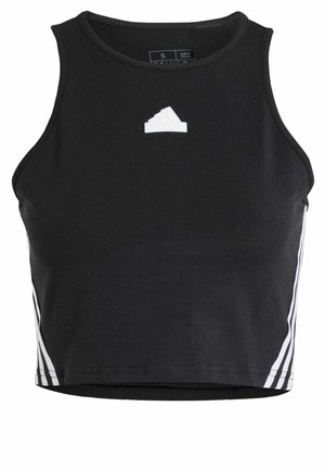 Svart ermeløs crop top laget av elastisk stoff, har hvit Adidas-logo på brystet og hvite sidestreker for ekstra detaljer.