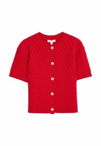 Rote strickkurze cardigan mit strukturiertem Muster und sechs großen goldenen Knöpfen an der Vorderseite.