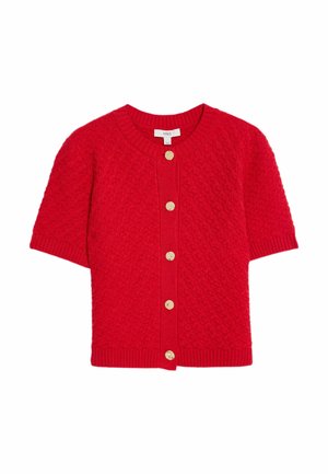 Rote strickkurze cardigan mit strukturiertem Muster und sechs großen goldenen Knöpfen an der Vorderseite.