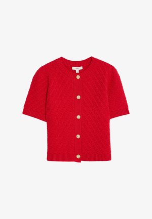 Rote strickkurze cardigan mit strukturiertem Muster und sechs großen goldenen Knöpfen an der Vorderseite.
