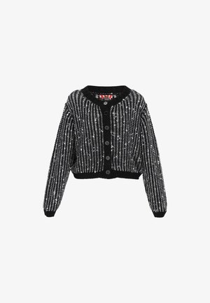 Cardigan negru și alb, tăiat, cu textură în relief, închis cu butoane în față și mâneci lungi, având dungi verticale și decolteu rotund.