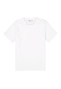 Camiseta blanca de algodón con cuello redondo, mangas cortas y dobladillo inferior recto. Sin patrones visibles ni detalles metálicos.