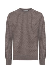 Brun kabelstrik sweater med rund halsudskæring, ribbede manchetter og fald. Stof er struktureret og har hævede mønstre over det hele.
